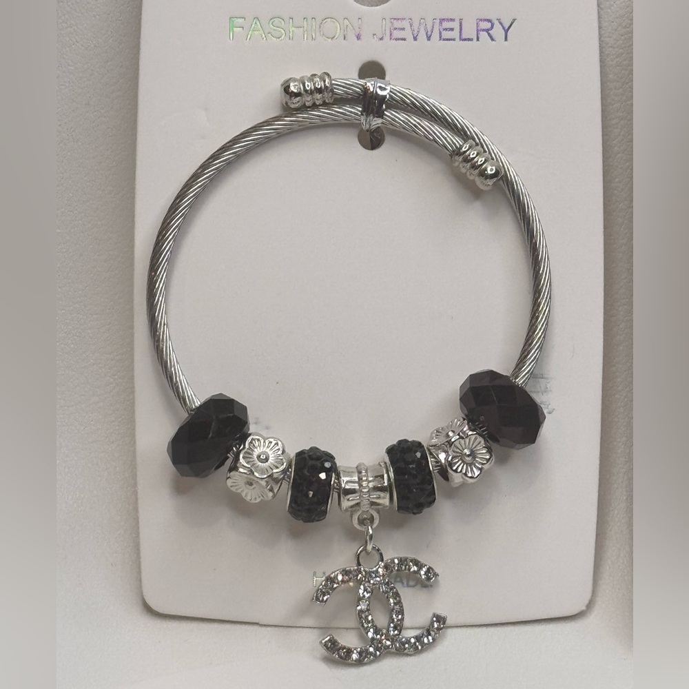 Fashion Jewelry Stainless Steel Black Sparkling Charm Expandable Bracelet